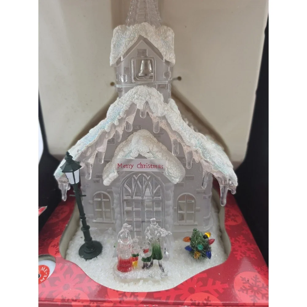 Vtg Nos Christmas Lighted Church Chapel Heavy Clear Glass Snowy Plug In 12.